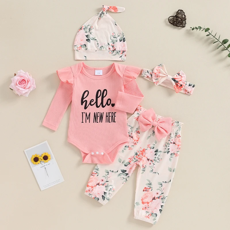 

Infant Girl Fall 4Pcs Outfits Suit Letter Print Long Sleeve Romper with Flower Pants and Hat Bow Headband Set