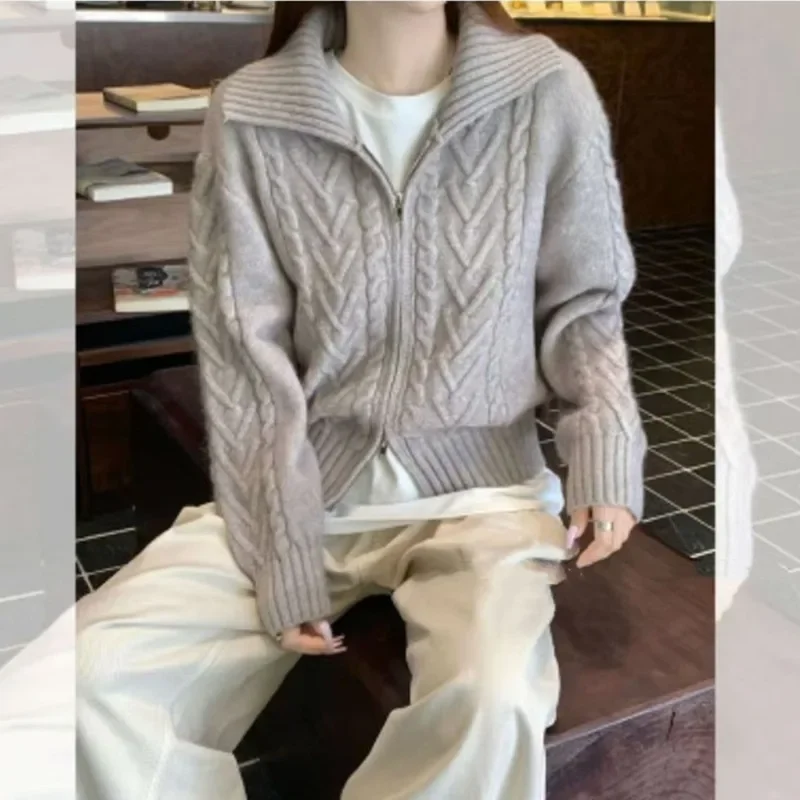 Fashion New Women's Lapel Knitted Women's Long Sleeve Sweater Fashion Zipper Cardigan Solid Color Women's Autumn and Winter Top