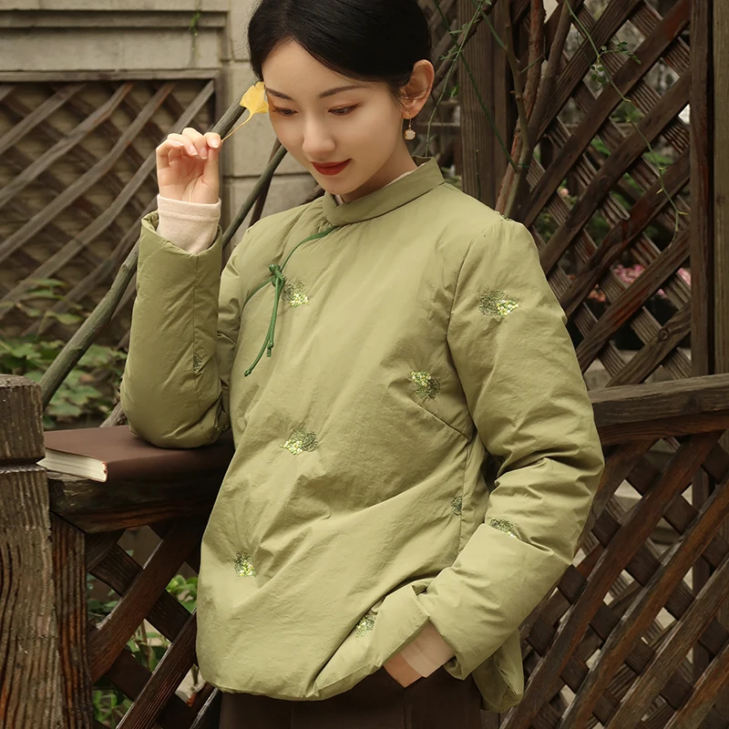 New Chinese Style Embroidery Han Elements Crossbody down Jacket Women's Short Winter Artistic Retro Thickened Cotton-Padded Coat