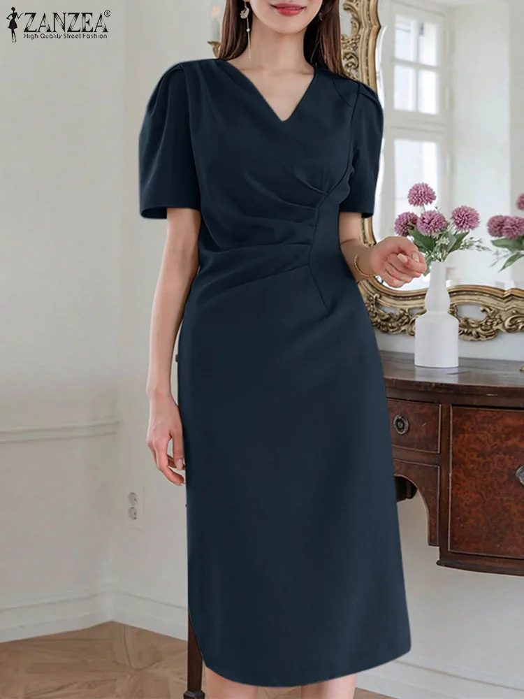 

ZANZEA Summer OL Pleating Waisted Fashion Women Midi Dresses Casual V-neck Short Sleeve Vestidos 2023 Vintage Hip Package Robes