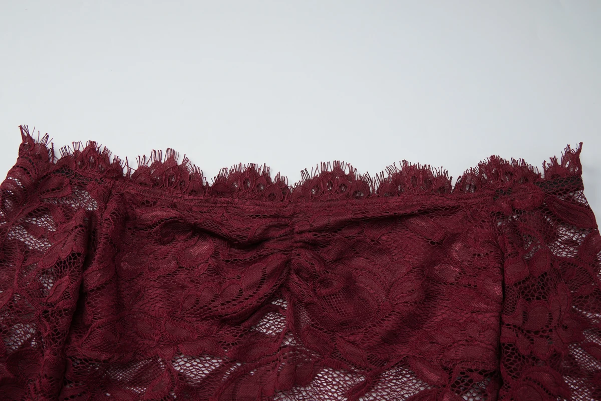 Hugcitar Damen-T-Shirt, elegant, Spitze, Schlitzausschnitt, lange Ärmel, sexy, durchsichtig, Rüschen, kurz geschnitten, weibliche Kleidung, Geburtstag, Nachtclub – Detail 5