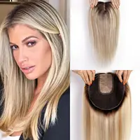 Brown Blonde Highlight Remy Human Hair Toppers Clips in 16 Inches Straight Hairpiece for Women Silk Base Topper Hair Extensions 1