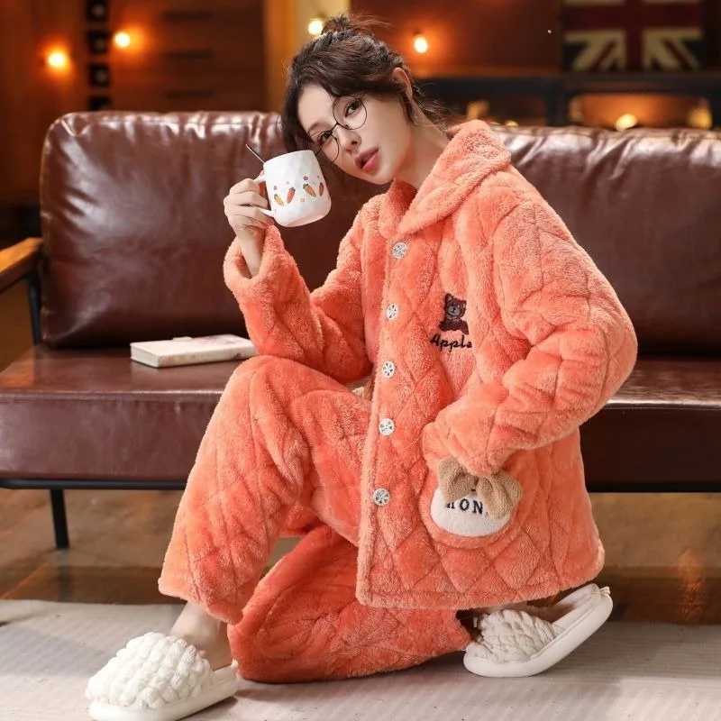 Coral Velvet Sleep Clothes Suit Thickened Three-layer Cotton Jacket Pajamas Winter Princess Style Sweet Girl Cardigan Lapel Sets