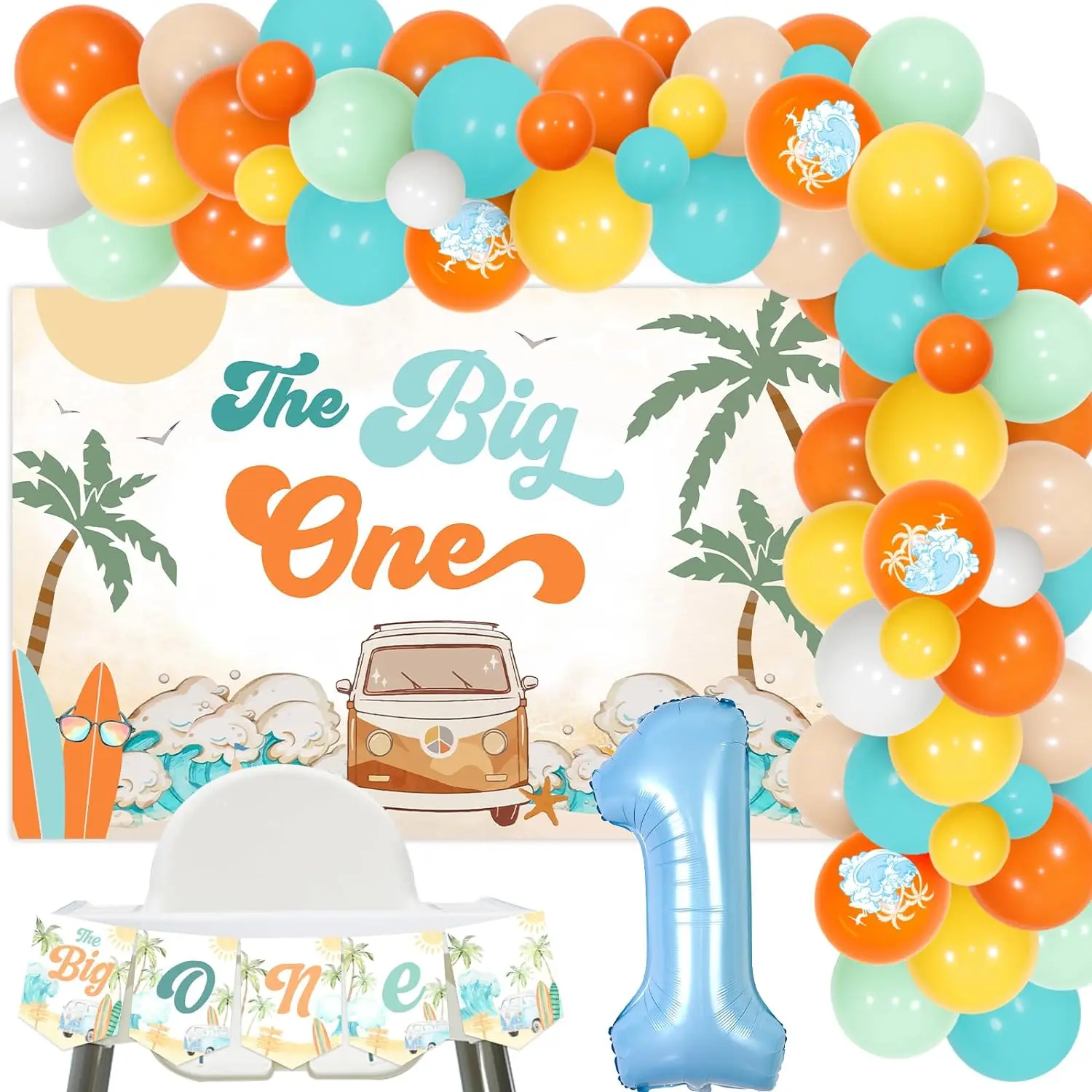 

The Big One Surf 1st Birthday Decor Balloons Arch with Backdrop High Chair Banner for Surfing Summer Beach 1st Birthday