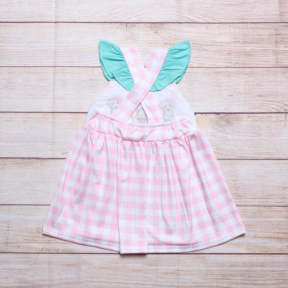 Mini One-Piece  Cotton Summer New Style  Cute Puppy Embroidery  Dress  Pink  Sleeveless  Grid Dress For Girls carters baby bodysuits	