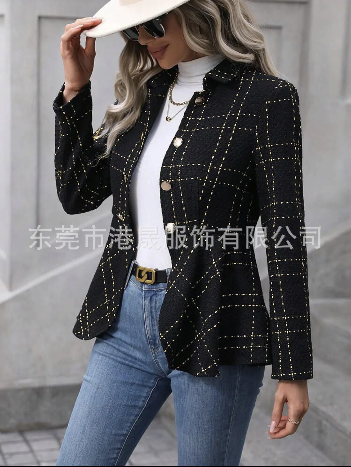 Description Picture 4 of itemFashion Lapel Jacquard Ruffled Long Sleeve Women's Coat New Autumn Winter Slim Double Breasted Elegant Female Office Suit Jacket