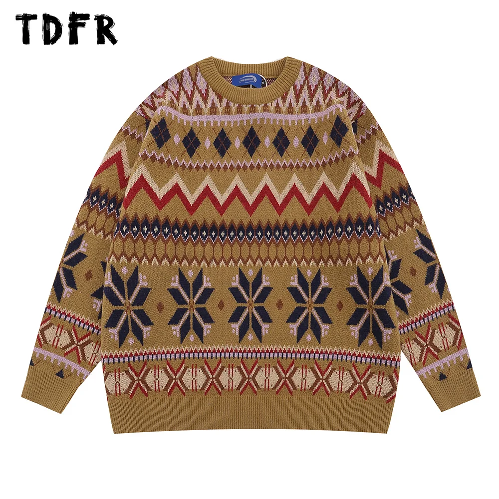 

Geometric Jacquard Sweater Mens Retro Loose Casual Crew Neck Autumn Winter Long Sleeve Knitted Pullover Men