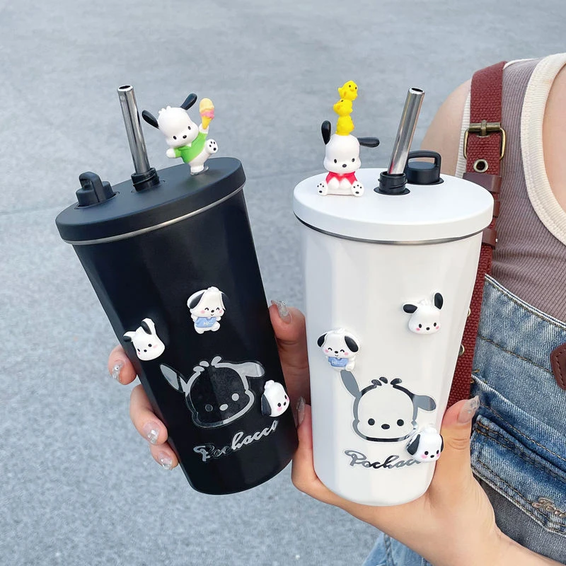 

Kawaii Sanrio Pochacco Water Bottle with Straw Portable Car Mug Hydro Flask Anime Drinkware Cute Office Home Milk Coffee Mugs