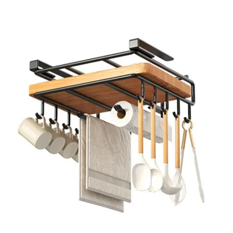 Kitchen Hanging Organizer Rack with Hooks Under Cupboard Paper Towel Rags Hanger Cutting Board Pot Cover Holder Storage Shelf 6
