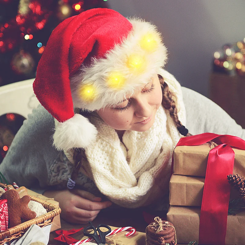 Christmas Santa Hat christmas beanie hat with Lights for Adult/Kids