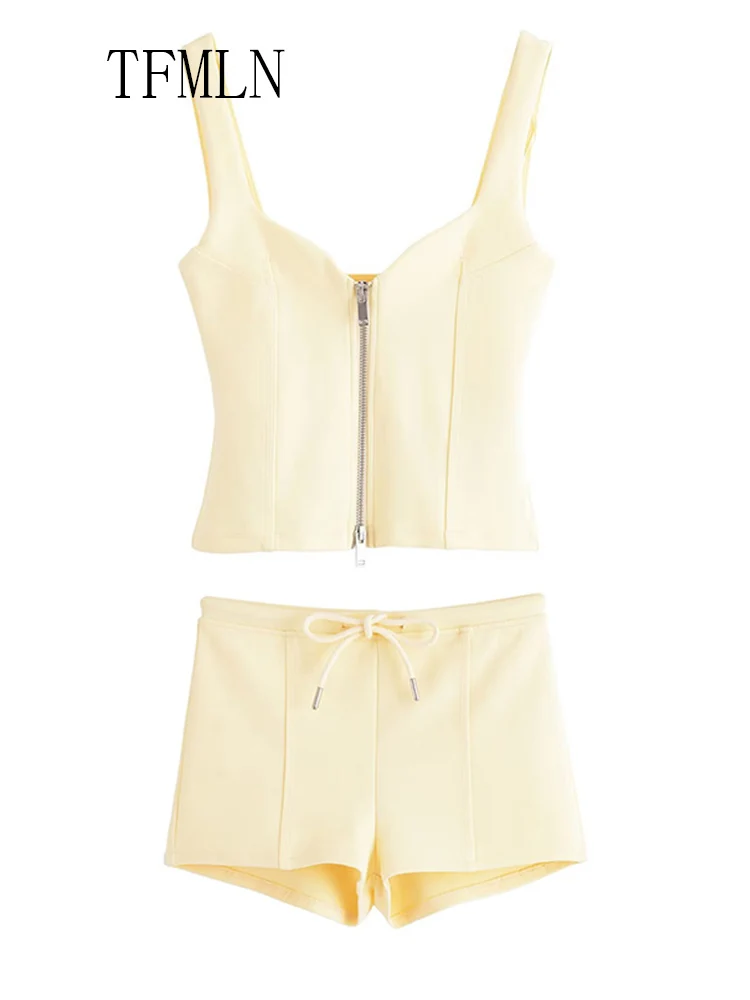 TFMLN 2025 Summer Women Tank Top Short Sets Fashion Sporty Zipper Square Collar Top Drawstring Mini Shorts Causal Outfits