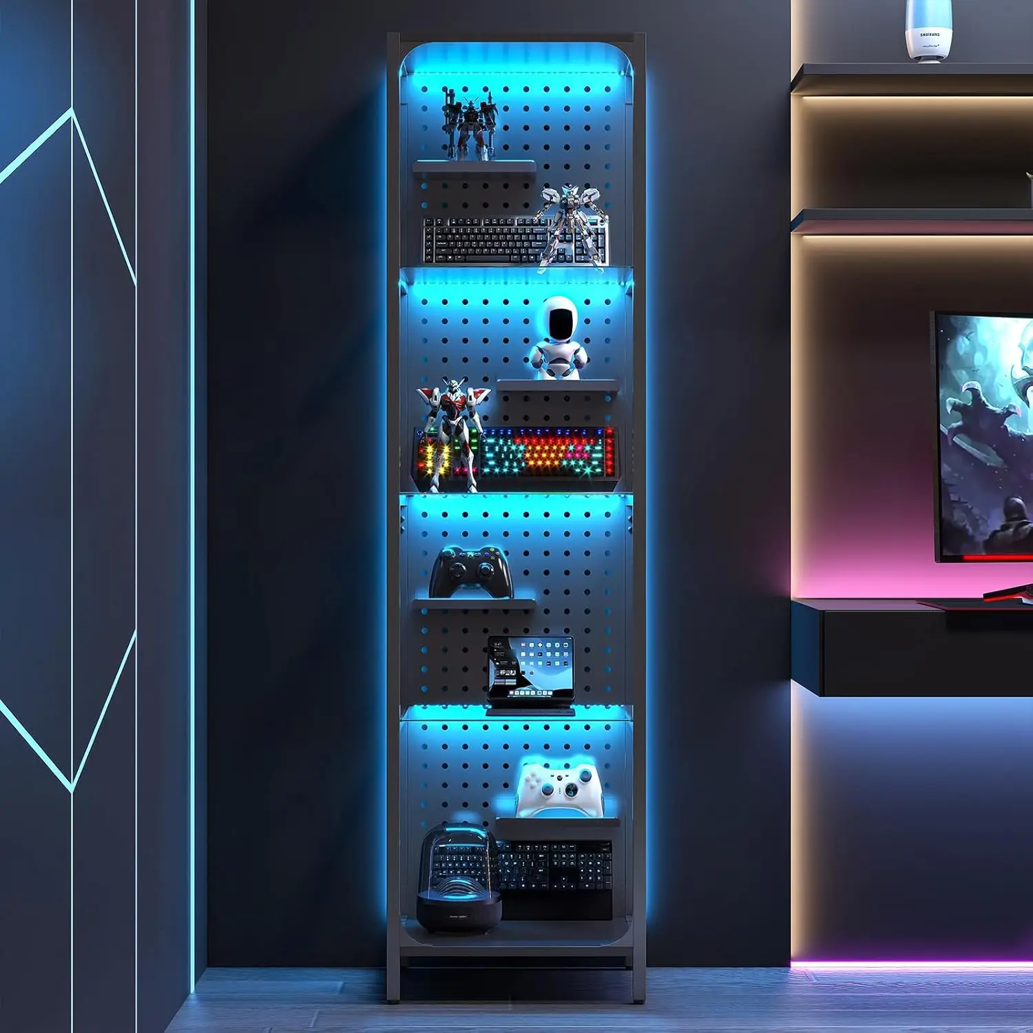 LED Black Curio Cabinet, Lighted Tall Narrow Pegboard Steel Frame for Gaming Room, Floor Lamp With Shelf, Living Room