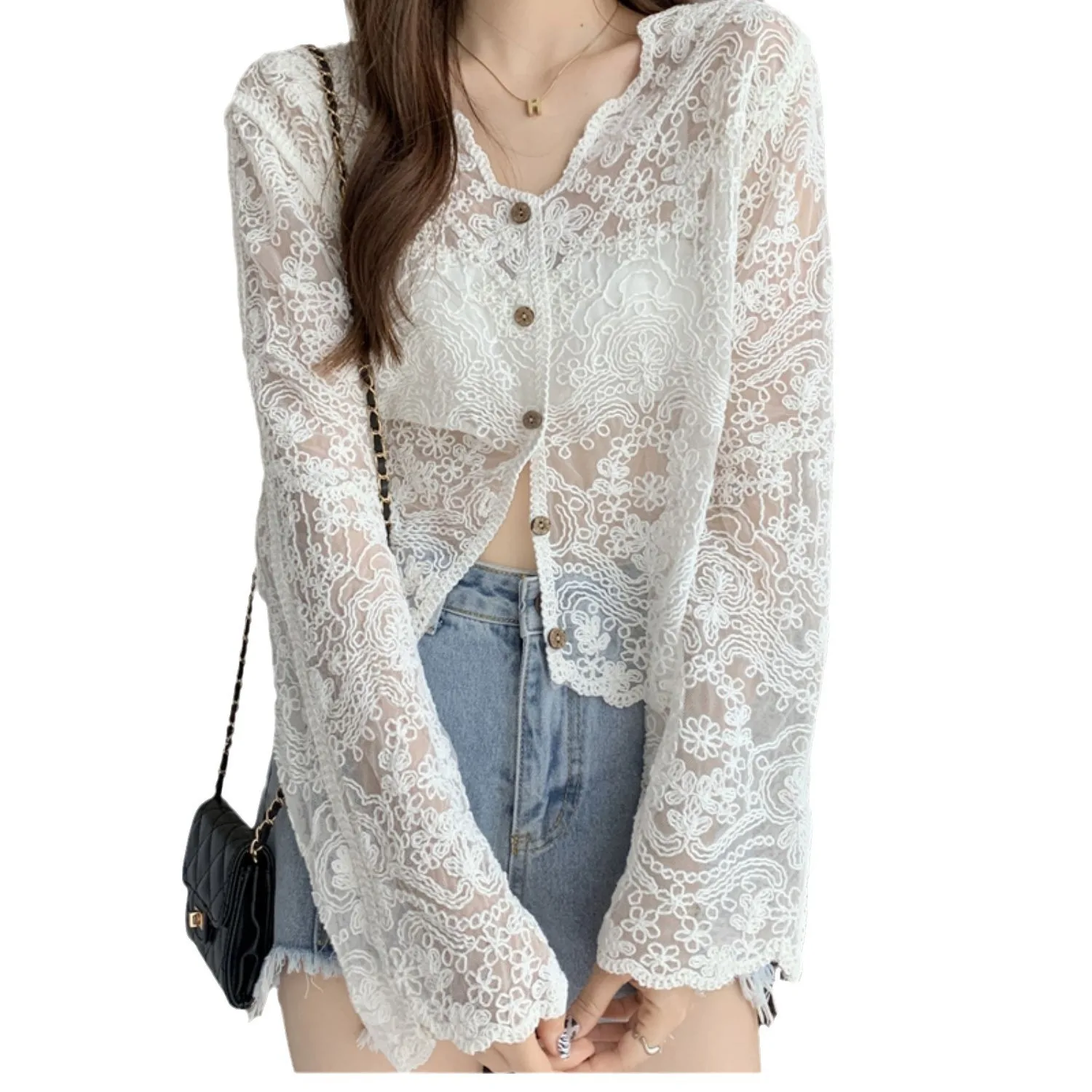 Women Lace Crochet Blouse Shirt Black White