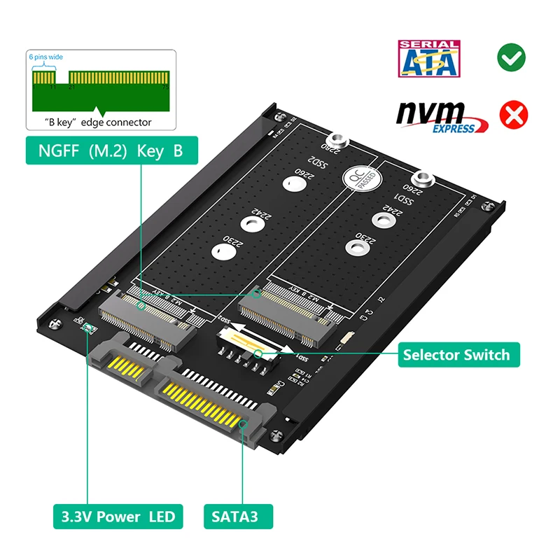 새로운 M2 SATA SSD 어댑터 (엔클로저 소켓 금속 케이스 포함) 듀얼 B+M 키 M.2 NGFF SSD - 2.5 SATA 3.0 6Gbps 컨버터 어댑터 카드