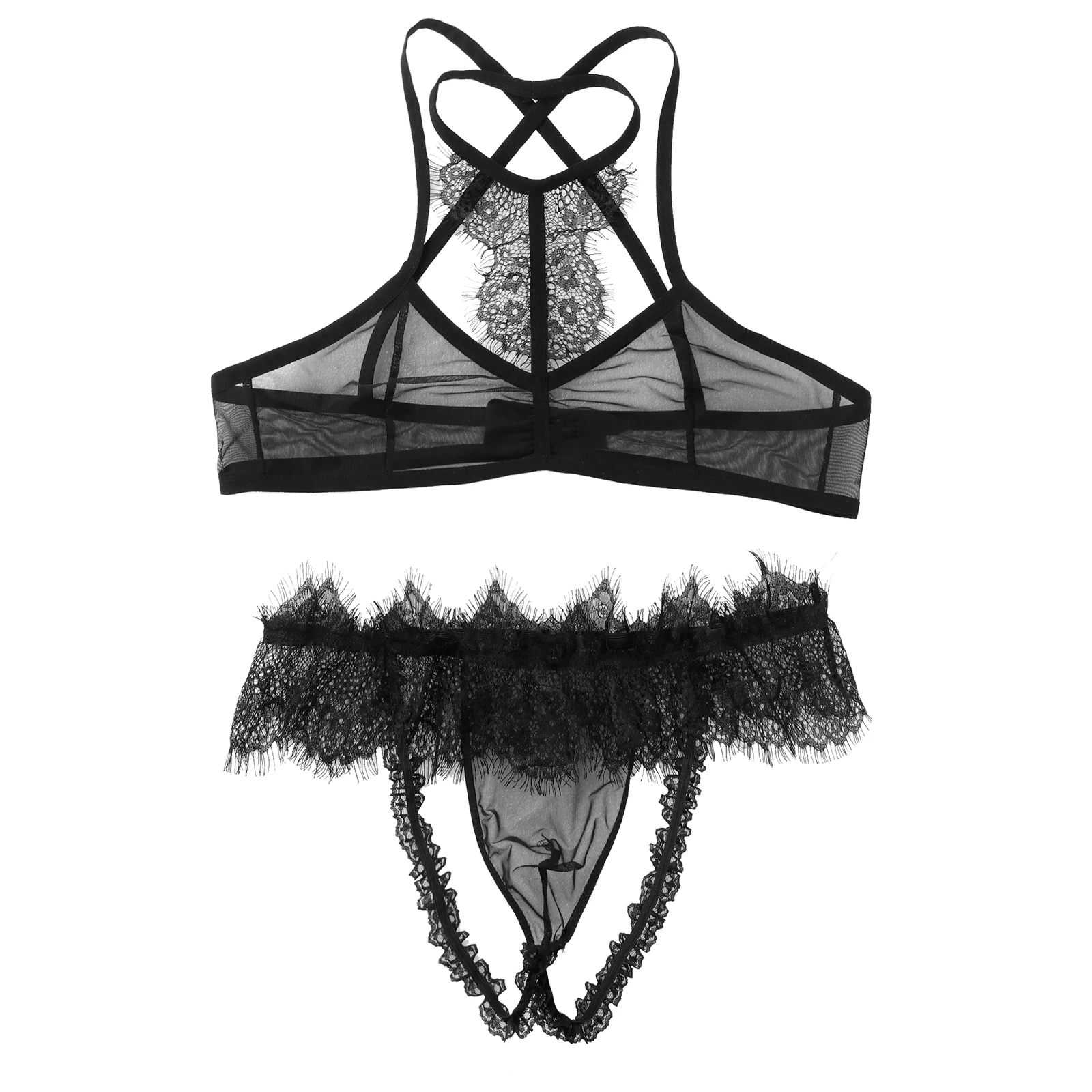 male underwear Mens Sissy Sexy Lenceria Nightwear See Through Sheer Mesh Gay Lingerie Set Fetish Lace Trim Bra with Open Butt G-string Panties