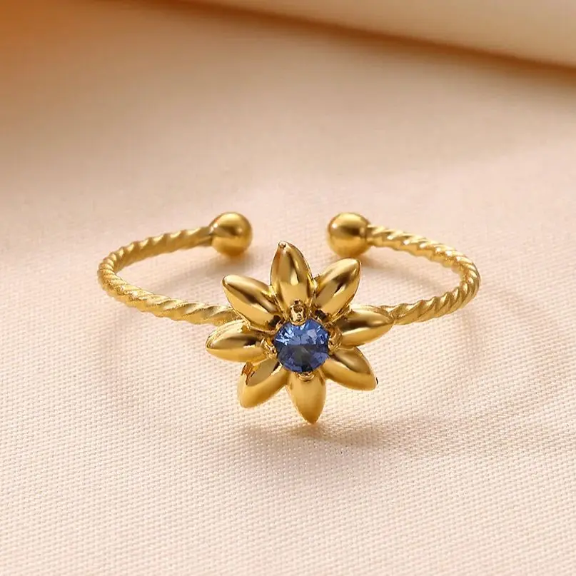 Stainless Steel Adjustable Flower Ring with Blue Stone Gold Color