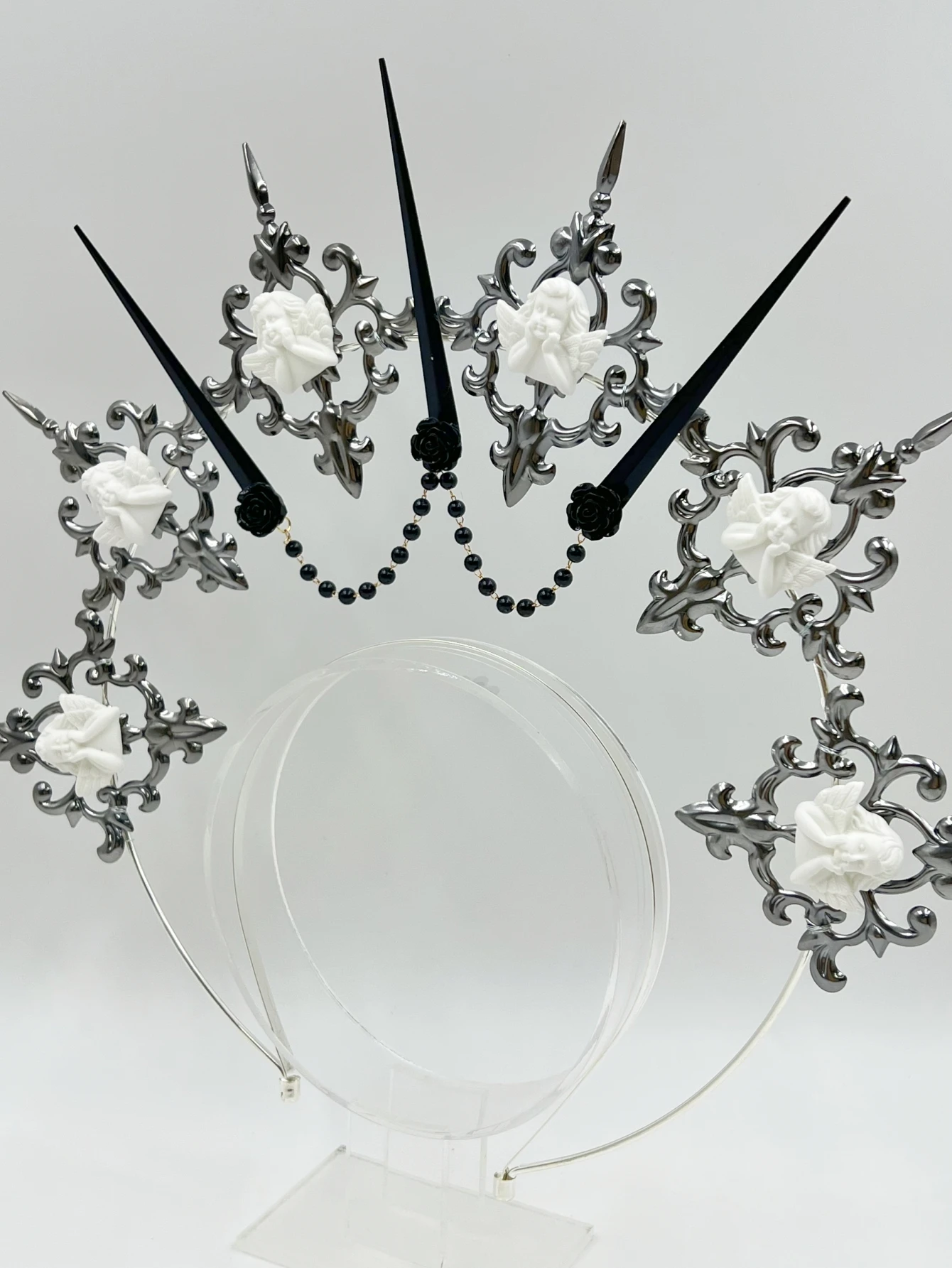 Gothic Lolita Faux Pearl Tiara, Halo Crown, Mary Goddess Stirnband, Cosplay Kostüm, Kopfbedeckung – Detail 19