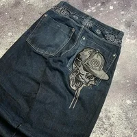 Y2K Rock Hip Hop American Women Jeans Skull Embroidered Couple Wide-Leg Pants Harajuku Gothic Retro Casual Straight Pants Unisex 2