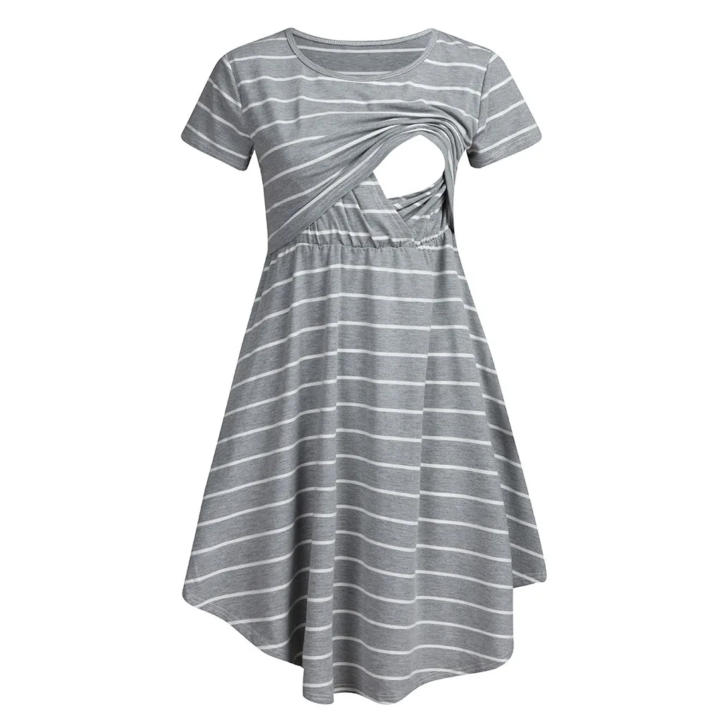 Grey Striped Multifunctional Mother Breastfeed Dress/Pajamas