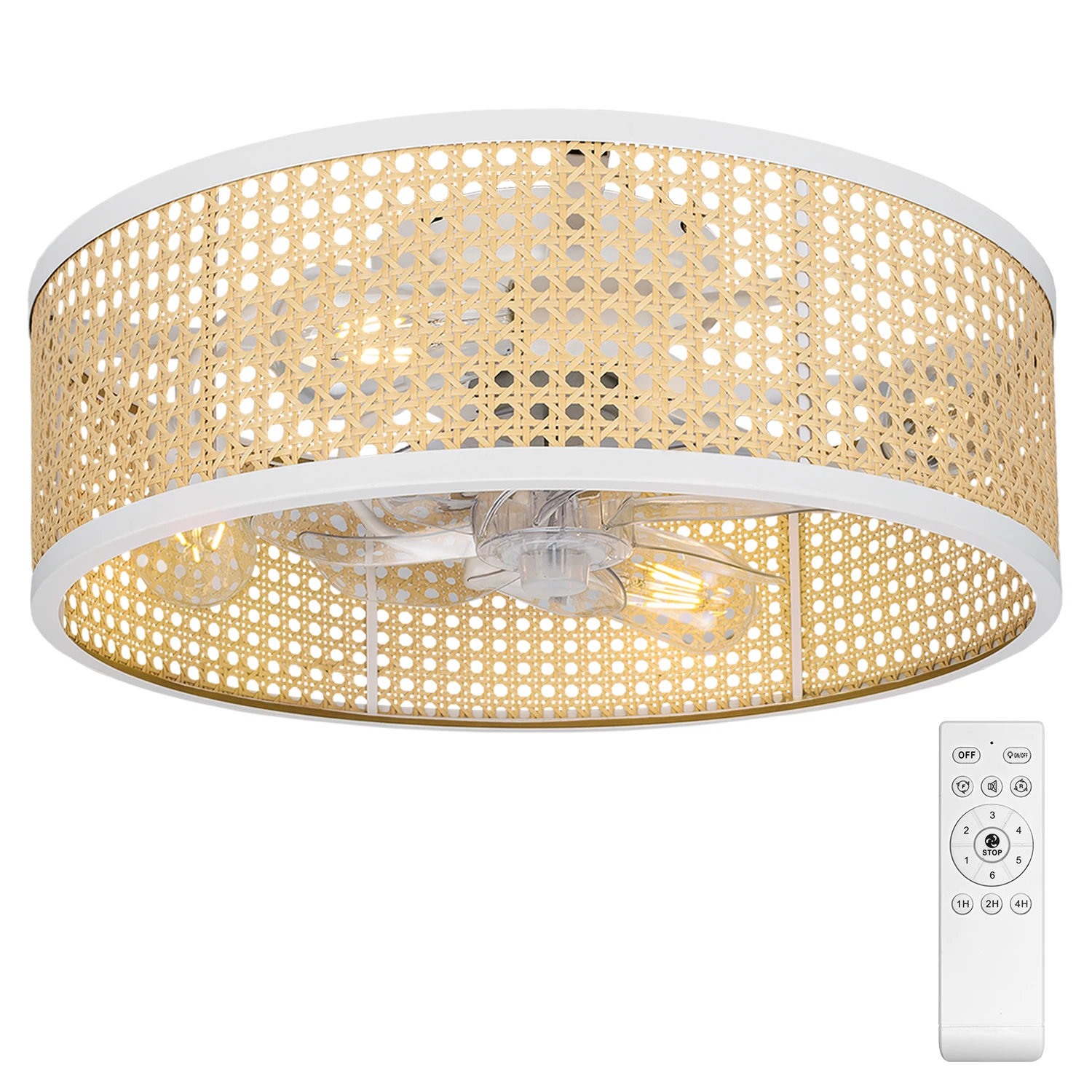 20" Rattan Ceiling Fan with Light & Remote Control, Drum Shade, Bladeless/6 Speed/Timer/Quiet DC Motor/Low Profile, for Bedroom