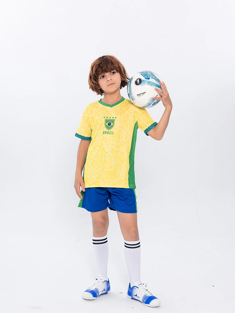 Suruida Kids' Brazil Football Jersey Boys and Girls Sport Sets Quick Dry Children Soccer Jersey Kits
