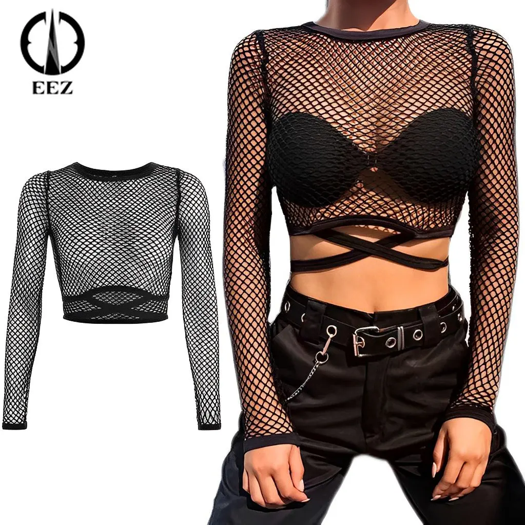 

Sexy Mesh Goth Long Sleeve T Shirt Women Hollow Out See-through Fishnet Top Summer Vintage Coquette Crop Tops Streetwear Y2k Top