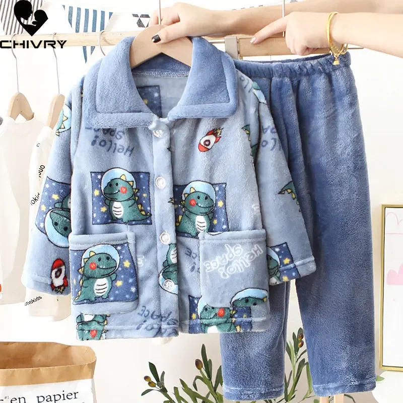 New Kids Boys Girls Autumn Winter Flannel Pajama Sets Cute Cartoon Long Sleeve Lapel Tops with Pants Baby Sleepwear Clothing