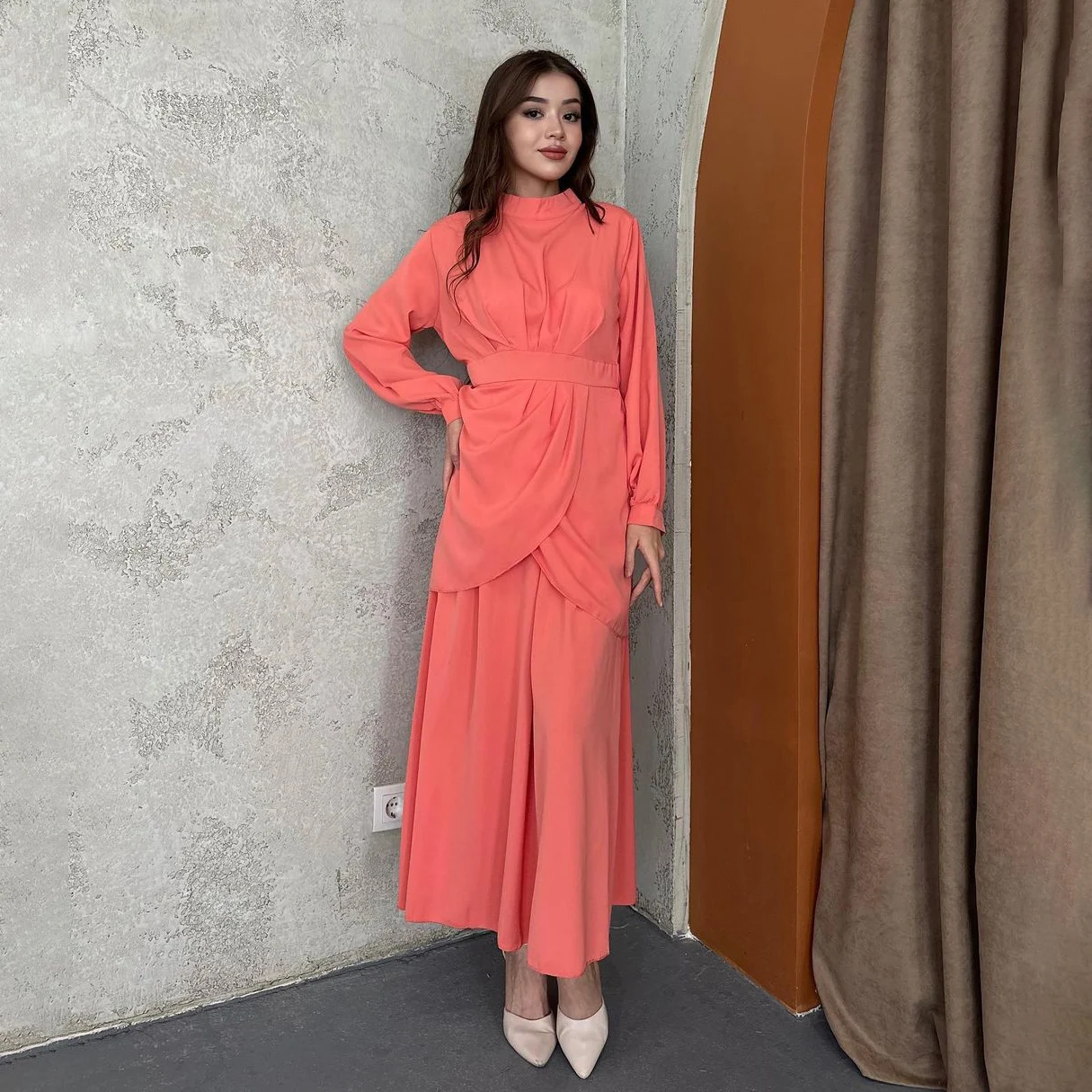 

OEING O-Neck Korea Garden Evening Dresses Pleat Long Sleeves Formal 프롬드레스 Ankle Length Elegant Prom Gowns Party Women Bride