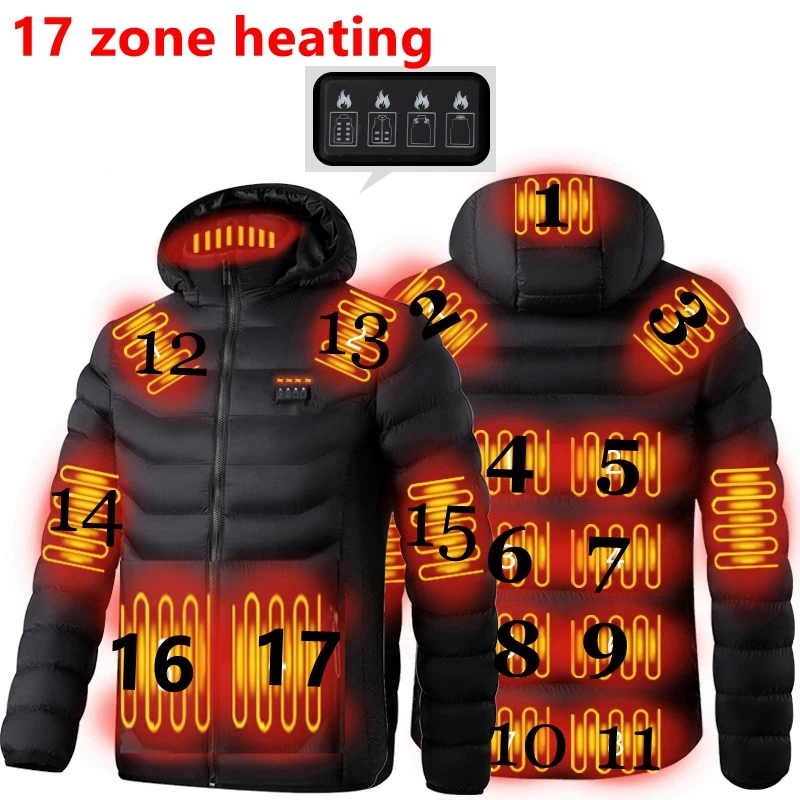 

17 PCS heating Men Winter Warm USB Heating Jackets Smart Thermostat Pure Color Hooded Heated Clothing Waterproof Warm Jackets