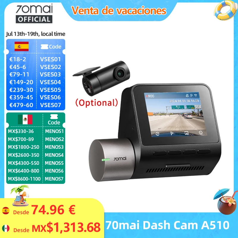 70mai Dash Cam A510 1944P HDR GPS ADAS 4G conectividad 70mai 4G cámara frontal A510 coche DVR 24H soporte de estacionamiento cámara trasera