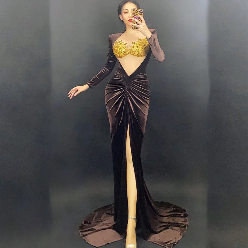 

Rhinestone Sexy Velvet Trailing Dress Mesh Transparent Split Long Birthday Evening Gown Costume