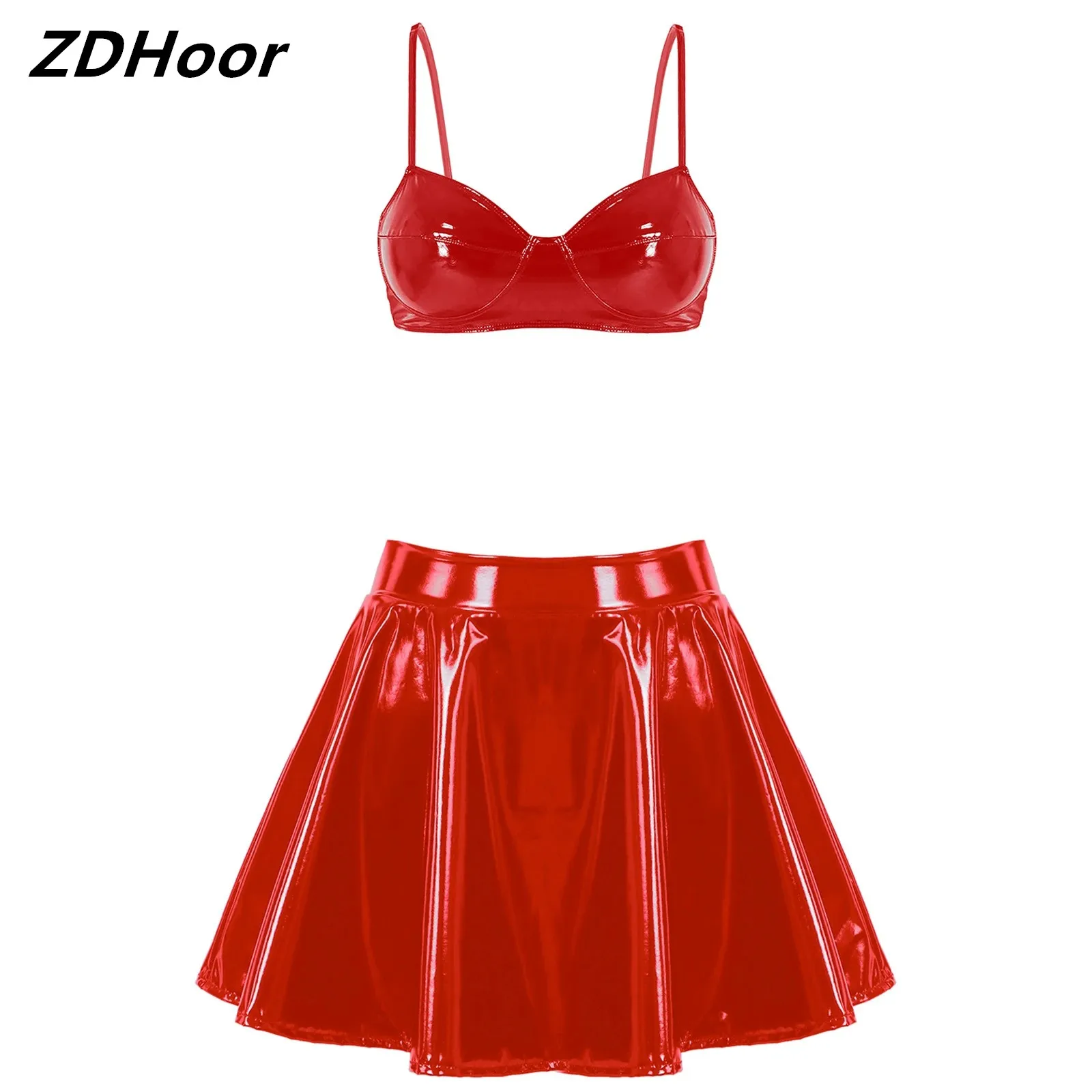 

Womens Wet Look Patent Leather Skirt Set Wire-free Bra Top with Zipper Flared Skirt for Lingerie Night Club