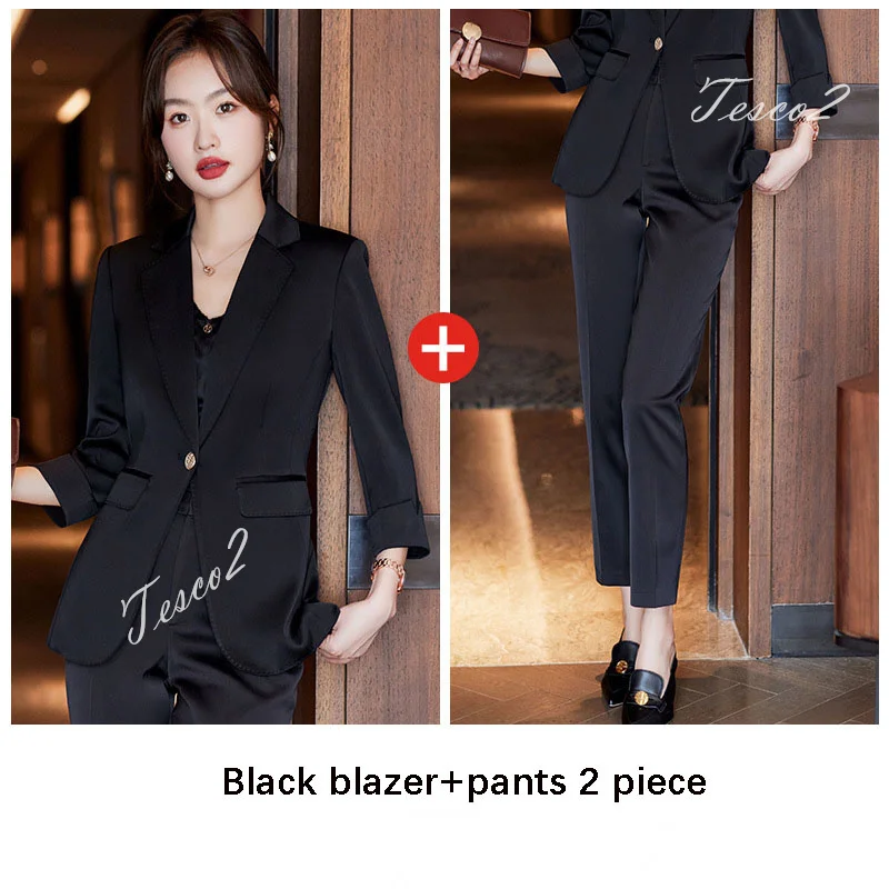 Tesco Women Suit Sets For Summer Three Quarter sleeve Blazer Satin Pantsuit For Business Formal Women Jacket 2 Piece ropa mujer