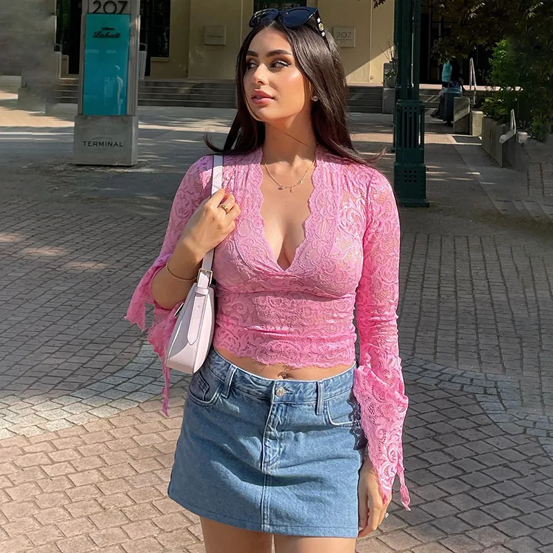

Lace Skinny Tops Deep V-neck See Through Mesh Long Flared Sleeve Women T-shirts Solid Color Club Party Tops Outfits