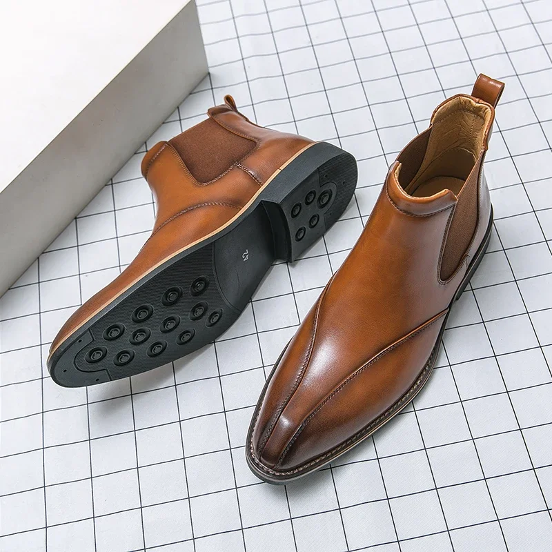 Men Chelsea Boots New Brown Chelsea Boots for Men Ankle Business Square Toe 38-45