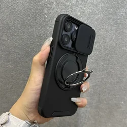 Luxury Heavy-Duty Rugged Armor Magnetic Bracket Case with Slide Camera Protection - iPhone 14 (Black)