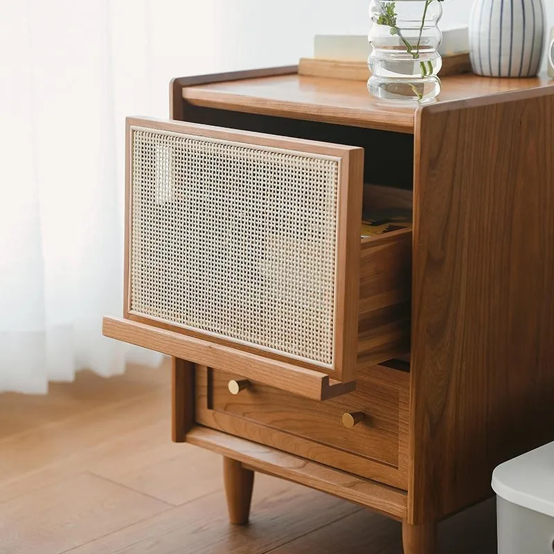 Japanese Solid Wood Bedside Table Rattan Bedroom Wabi-sabi Storage Cabinet Simple Drawer Antique Storage Sofa Side Table