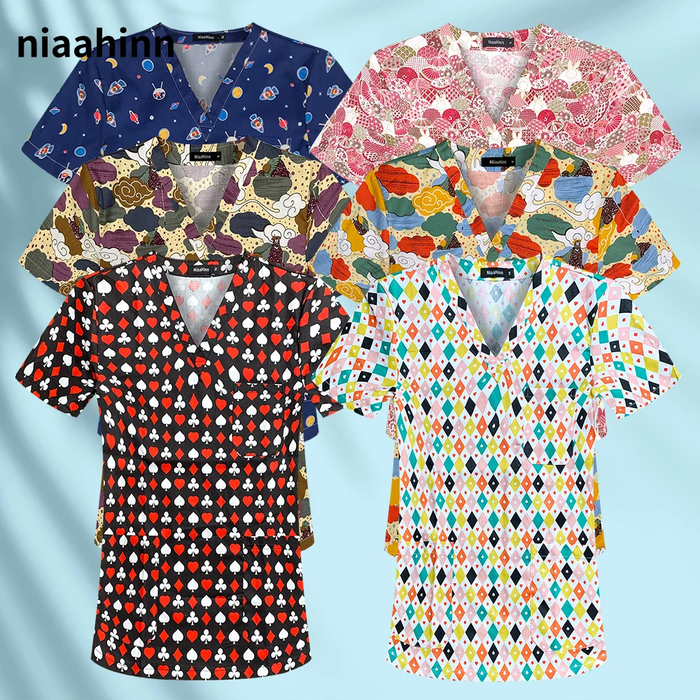 

S-XXL Fashion Print Pharmacist Work Wear V-neck Health Service Nurse Tops Women Beauty Salon Work Shirt Anesthetist Work Uniform