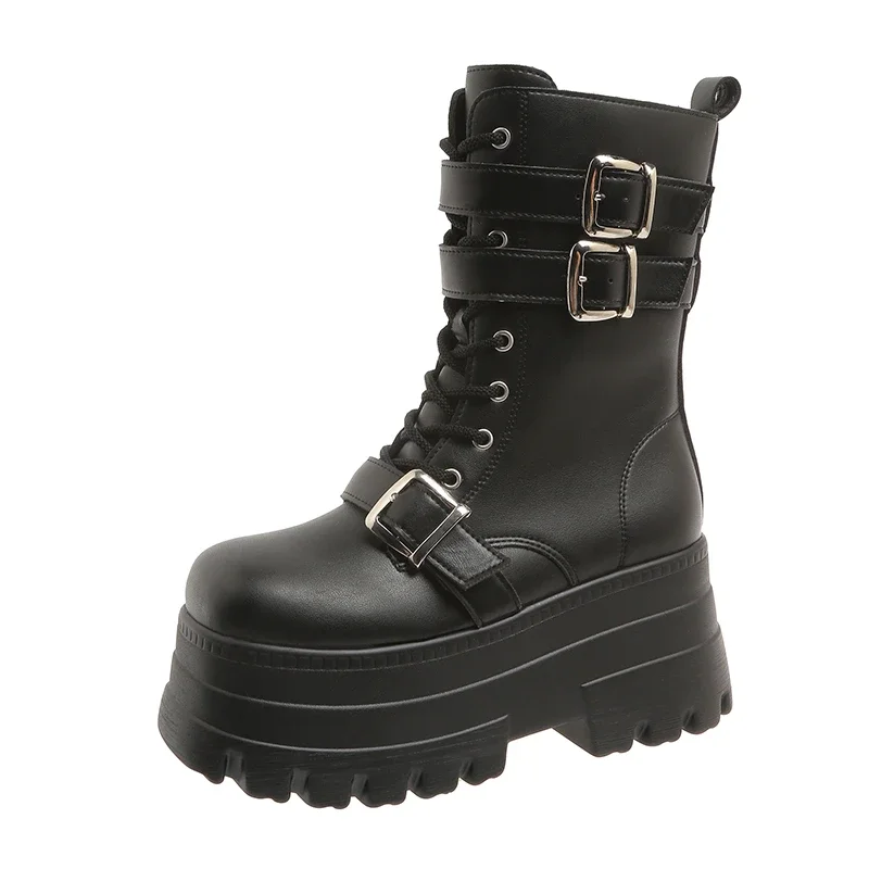 Black Autumn Women Punk Style Platform Ankle Boots Thick Sole Leather Motorcycle Boots 8CM Chunky Metal Buckle Short Boots Woman