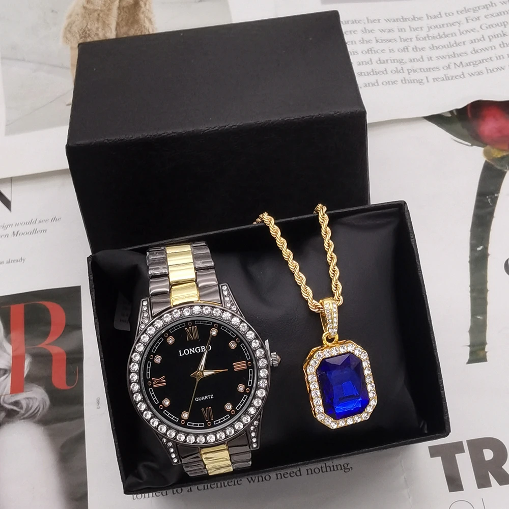 2Pcs Luxury Business Man Wristwatch Waterproof Luminous Men Watch For Men Quartz Clock Steel Men's Watches + Pendant With Box