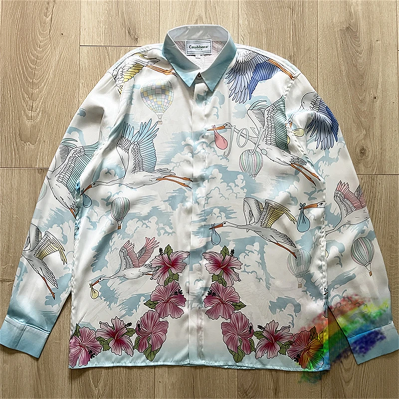 

Casablanca Shirt Men Women Long Sleeve Hawaii Beach Hawaiian Crane Print Silk Shirts