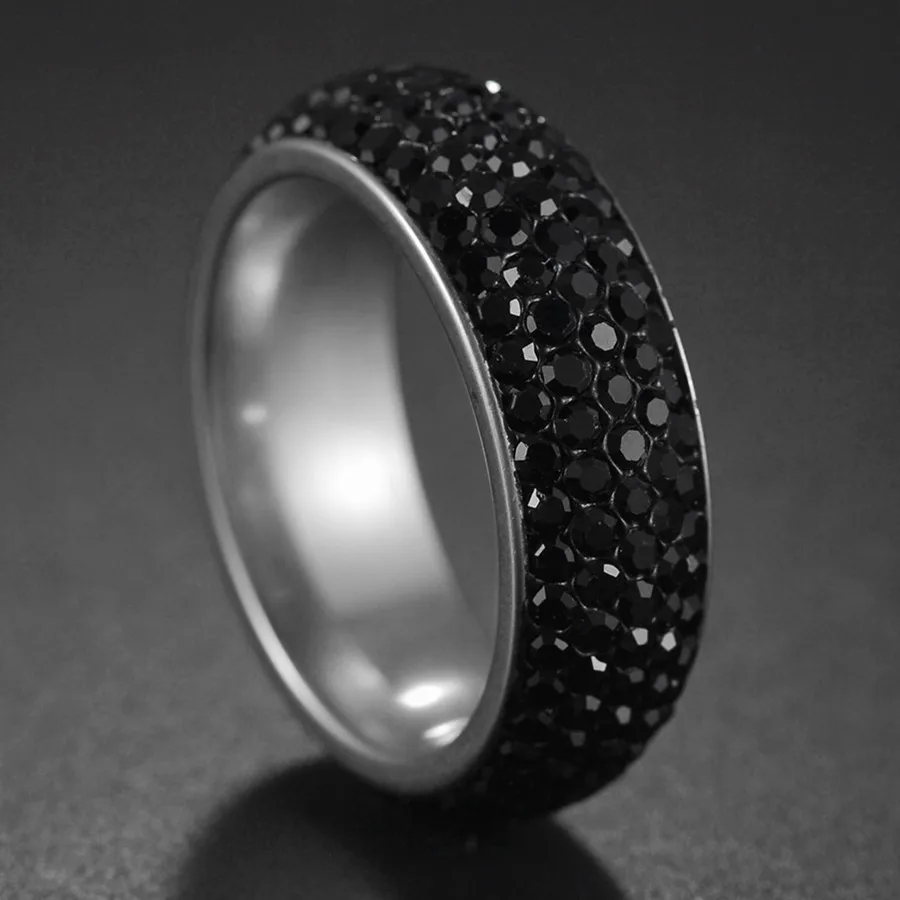 Full 5 Row Black Crystal Ring For Women Stainless Steel Wedding Rings Fashion Jewelry Aniversary Zircon,wedding rings,womens ring,finger rings,jewelry rings,ring jewelry