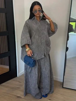 Casual Women's Pants Set Turn-down Collar Shirt Loose Bottom Female Plaid Printing Sets 2026 Summer Fashion Commute Lady Suit