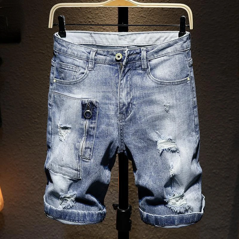 

Straight Skinny Man Denim Shorts with Pockets Slim Ripped Vintage Buttons Y2k Short Jeans Pants for Men Retro Original New In Xl