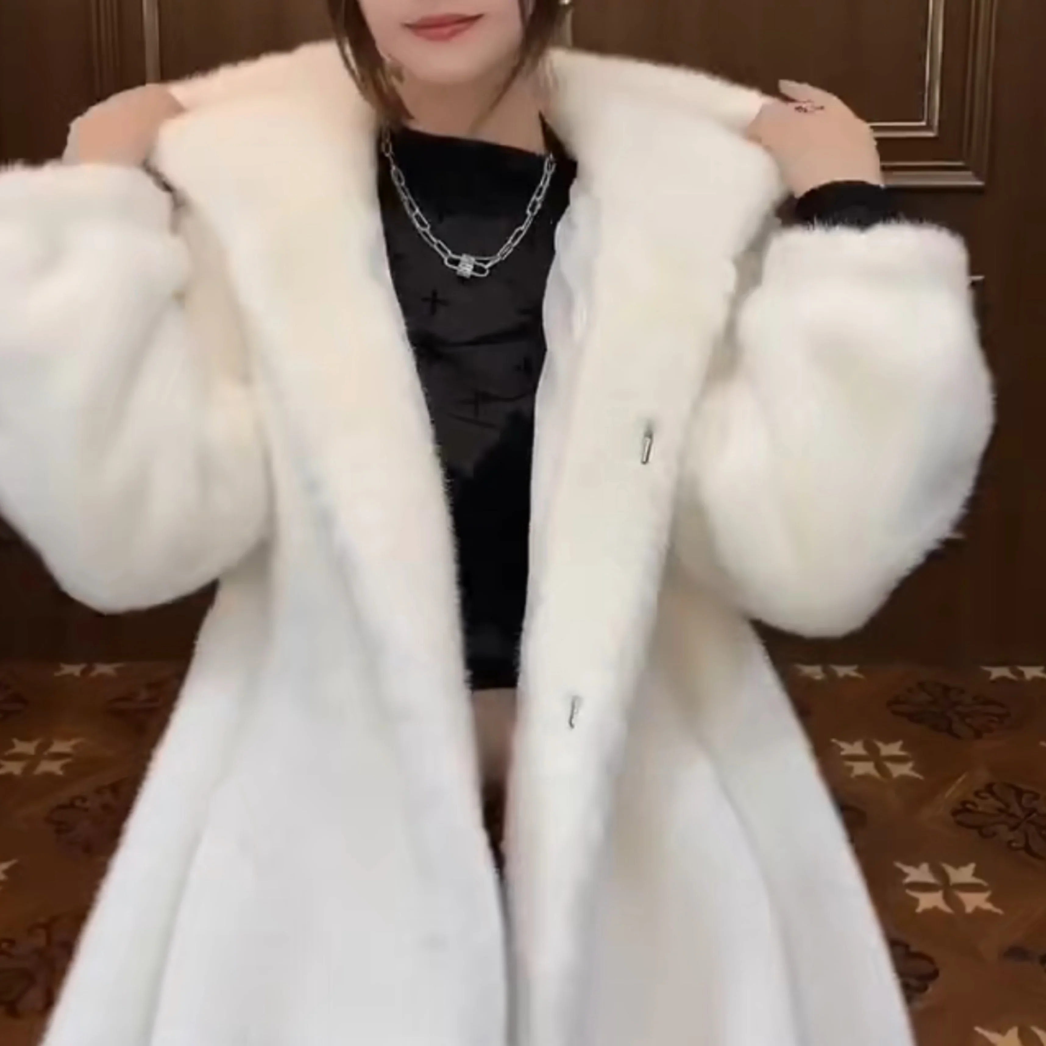 White Hooded Fur Coat for Women 2023 Winter New Double Face Wool V-neck Single Breasted Warm Leisure Trend Long Sleeve Jacket