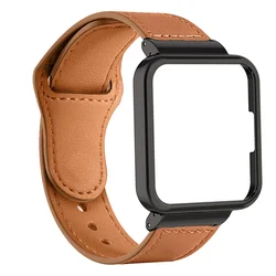 Premium Leather Watch Strap with Metal Case for Smart Watches - Elegant Bracelet & Protective Shell Cover (Brown-black case)