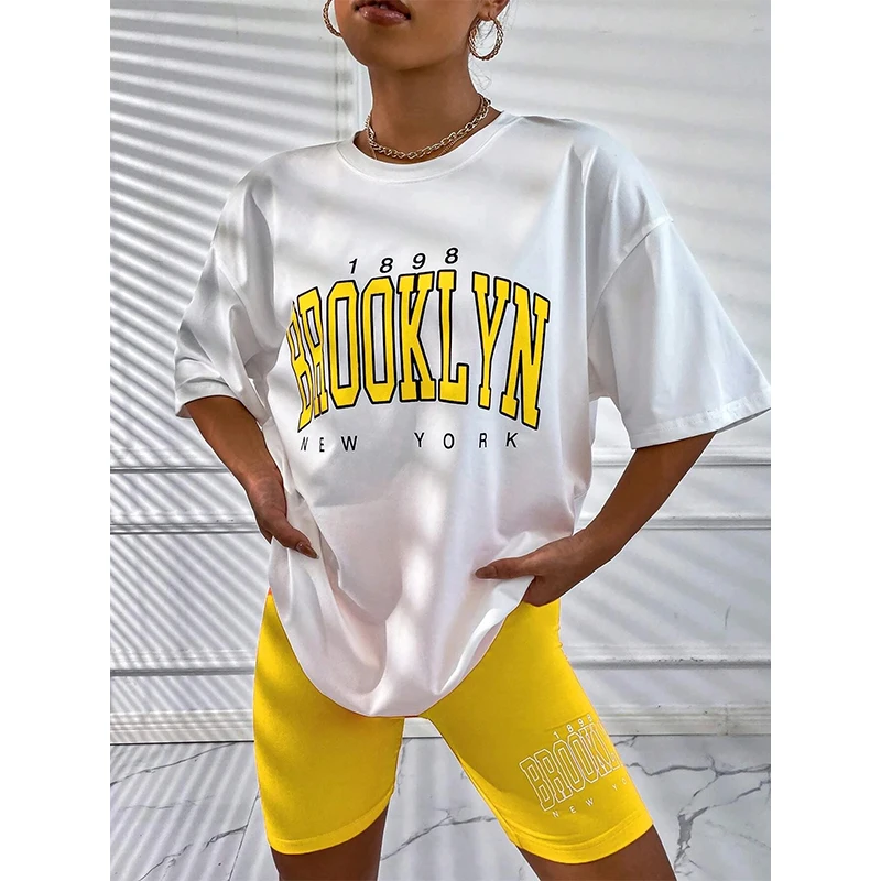 Ling Women's Pajamas Summer Fashion 2PCS Cycling Shorts with T-Shirt Set Letters Print Short Sleeve Leisure Suit Loungewear