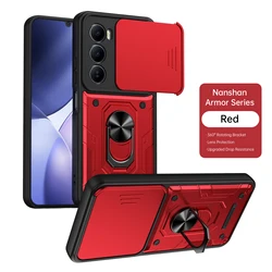 Shockproof Armor Phone Case with Slide Camera Protection and 360° Rotating Ring Holder Kickstand for Itel A100C (Red)