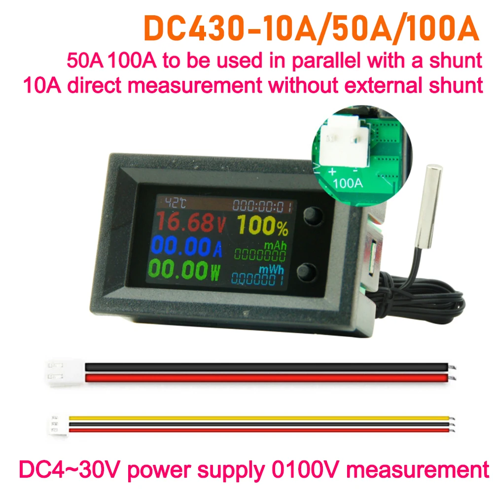 

DC4~30V 10A/50A/100A Digital Voltmeter Ammeter 8in1 Multifunction Tester Power Energy Frequency Capacity Temperature Meter