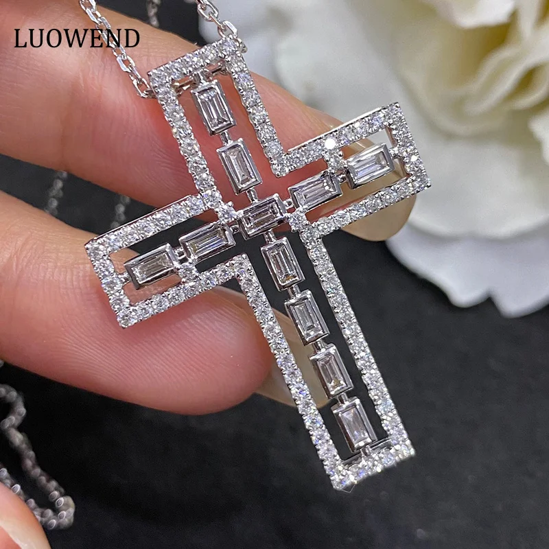 LUOWEND 18K White Gold Necklace Real Natural Diamond Chain Classic Cross Shape Exquisite Necklace for Women and Girls
